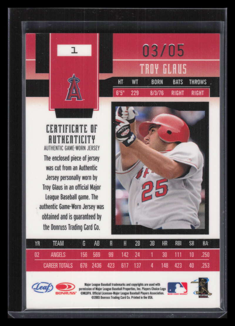 2003 Leaf Certified Materials Mirror Emerald Materials 1 Troy Glaus Patch 3/5