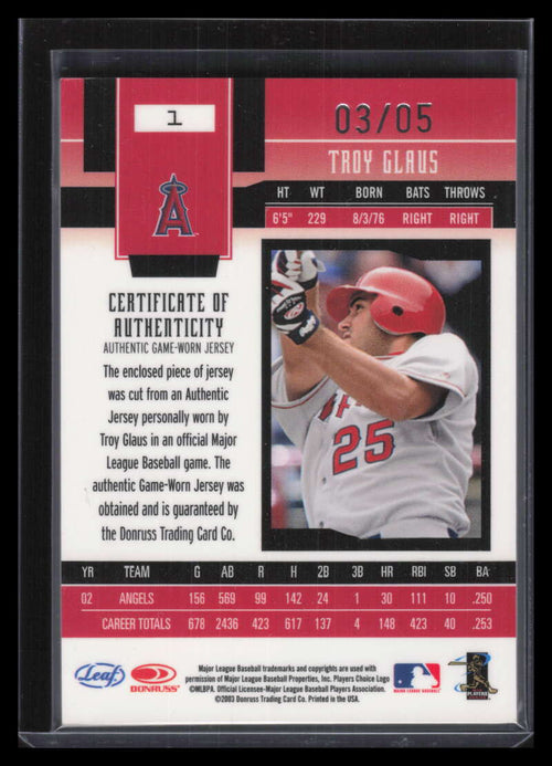 2003 Leaf Certified Materials Mirror Emerald Materials 1 Troy Glaus Patch 3/5