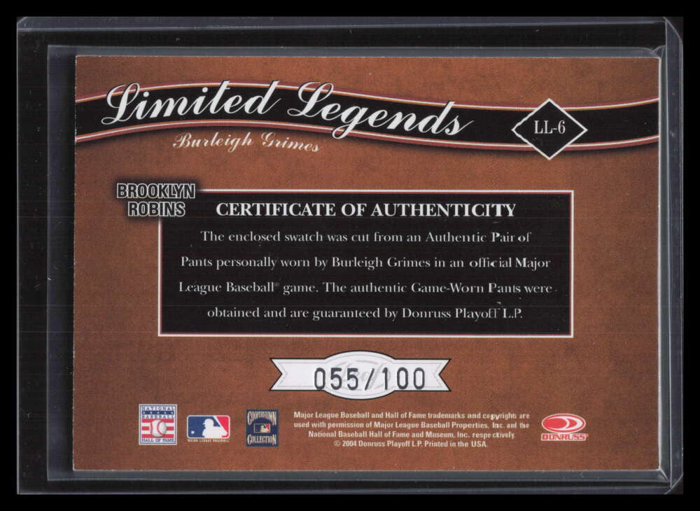 2004 Leaf Limited Legends Material Position Burleigh Grimes Jersey Pants 55/100