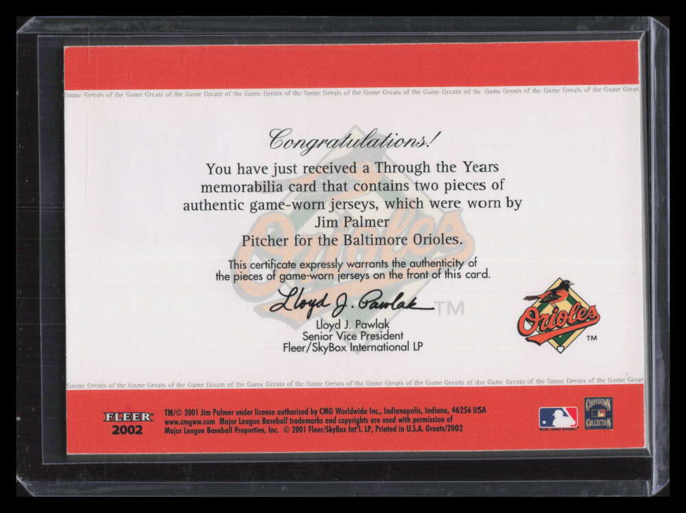 2005 National Pastime Buyback Game Used jp2 Jim Palmer Dual Jersey 5/8 2002