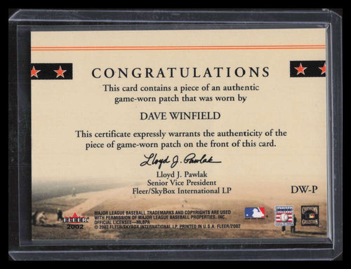2002 Fleer Classic Cuts Game Used DWP Dave Winfield Patch /25 138042