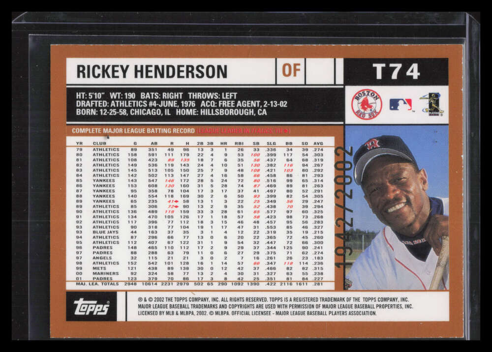 2002 Topps Traded Gold t74 Rickey Henderson 1942/2002