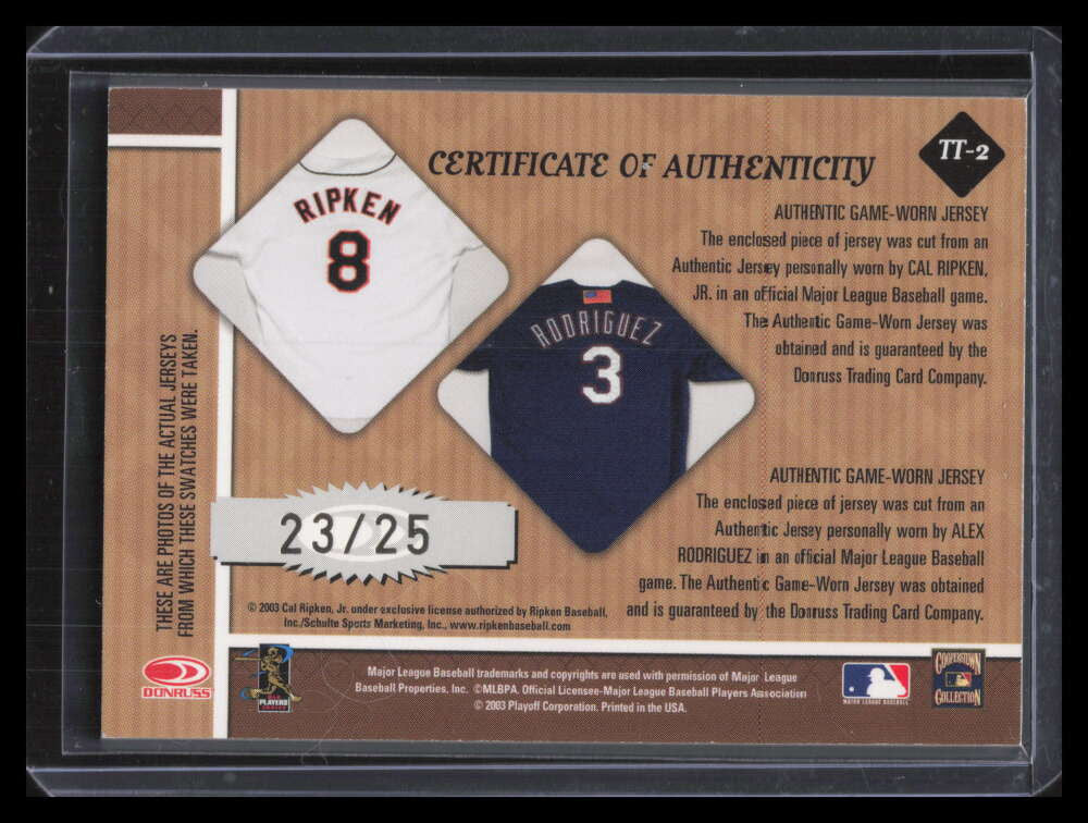 2003 Donruss Classics Timeless Treasures Alex Rodriguez Cal Ripken Jersey 23/25
