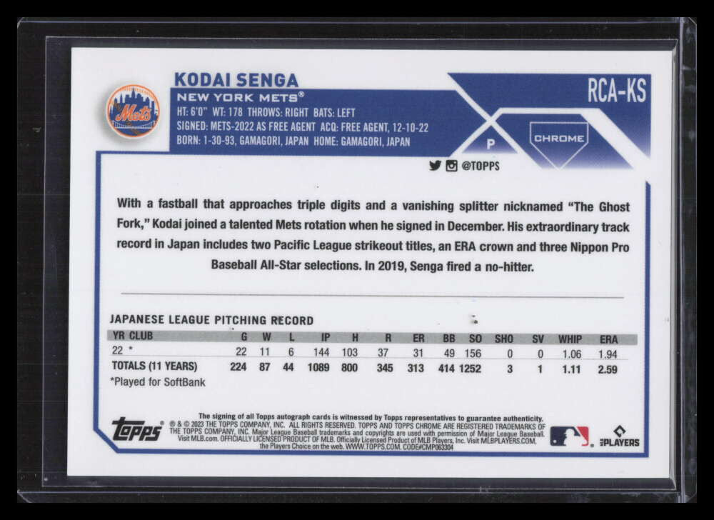 2023 Topps Chrome Logofractor Autographs RCAKS Kodai Senga Rookie Auto