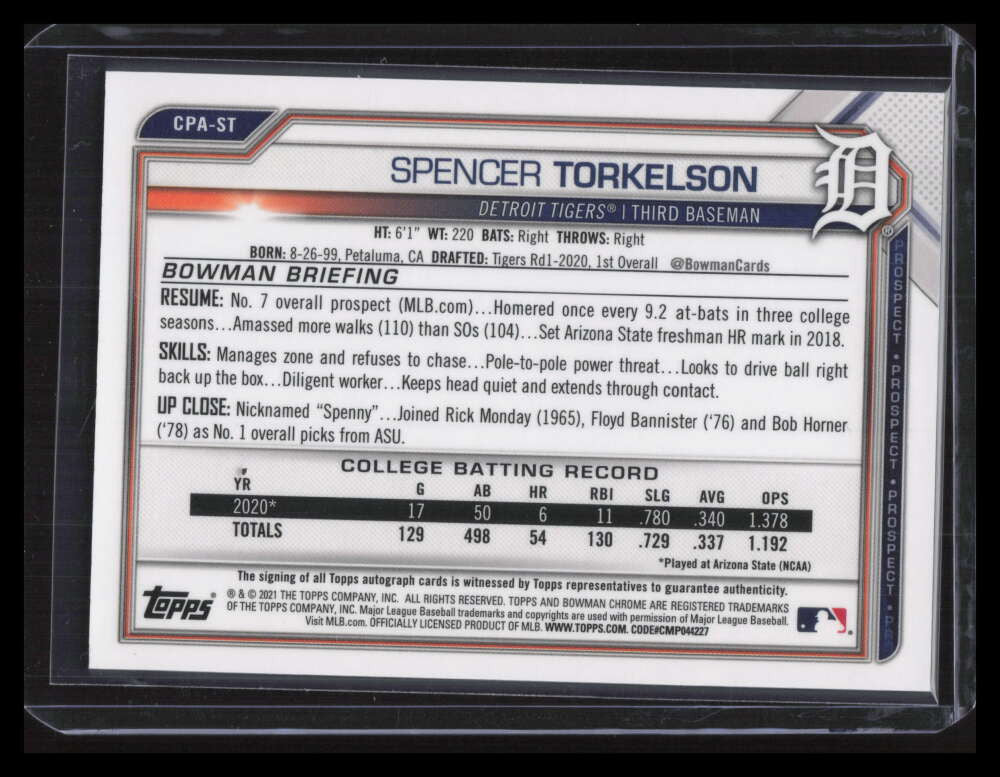 2021 Bowman Chrome Atomic Refractor CPAST Spencer Torkelson Rookie Auto 21/100
