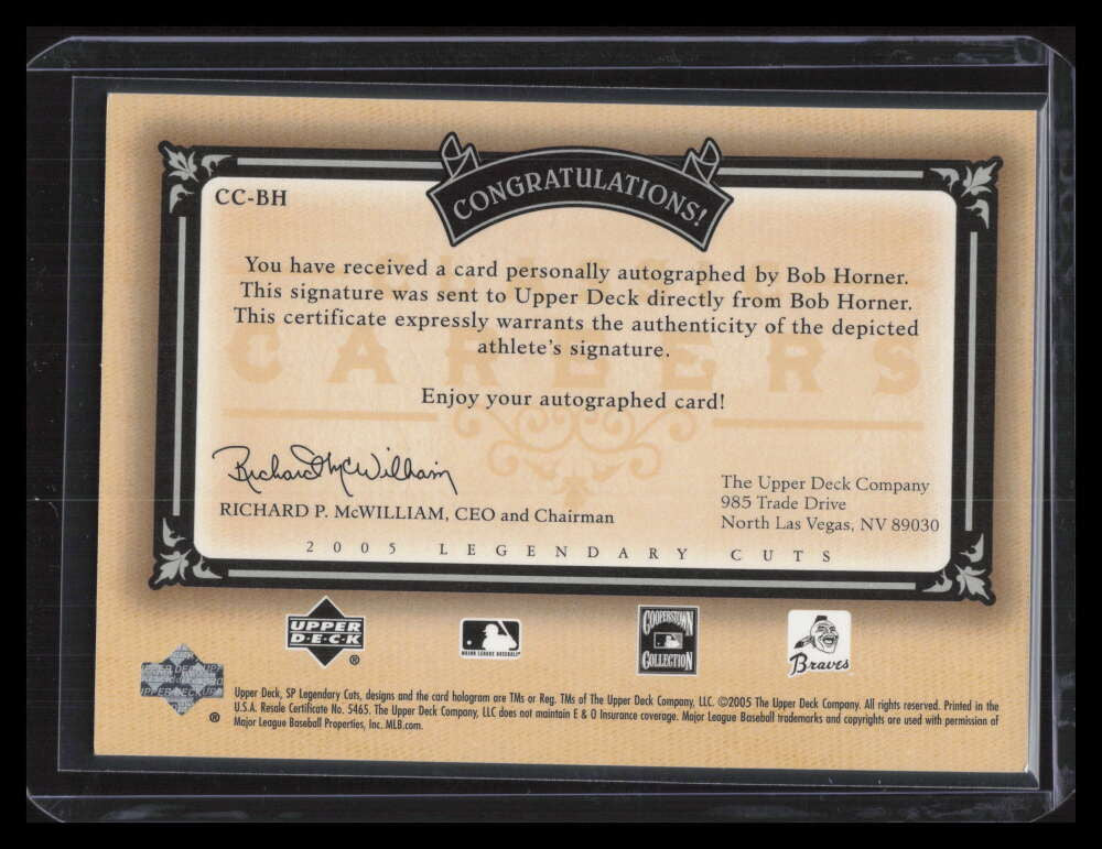 2005 SP Legendary Cuts Classic Careers Autograph Platinum BH Bob Horner Auto 1/1