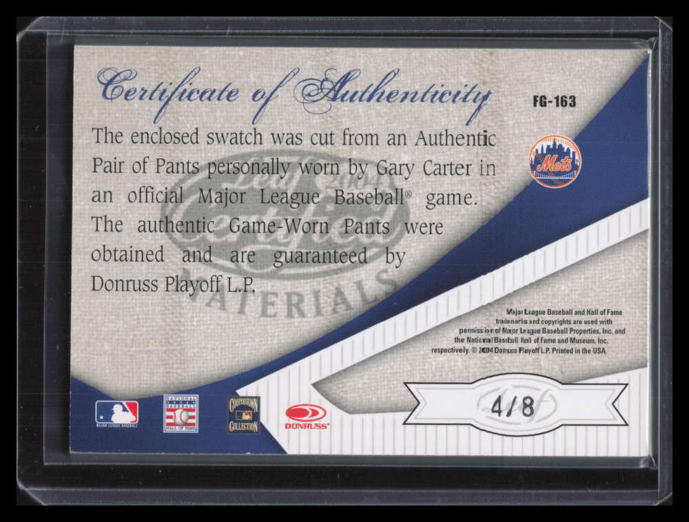 2004 Leaf Certified Fabric of Game Autograph Gary Carter Pants Jersey Auto 4/8
