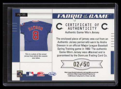 2003 Leaf Certified Fabric of the Game Autographs Andre Dawson Jersey Auto 2/5 ID: 148646