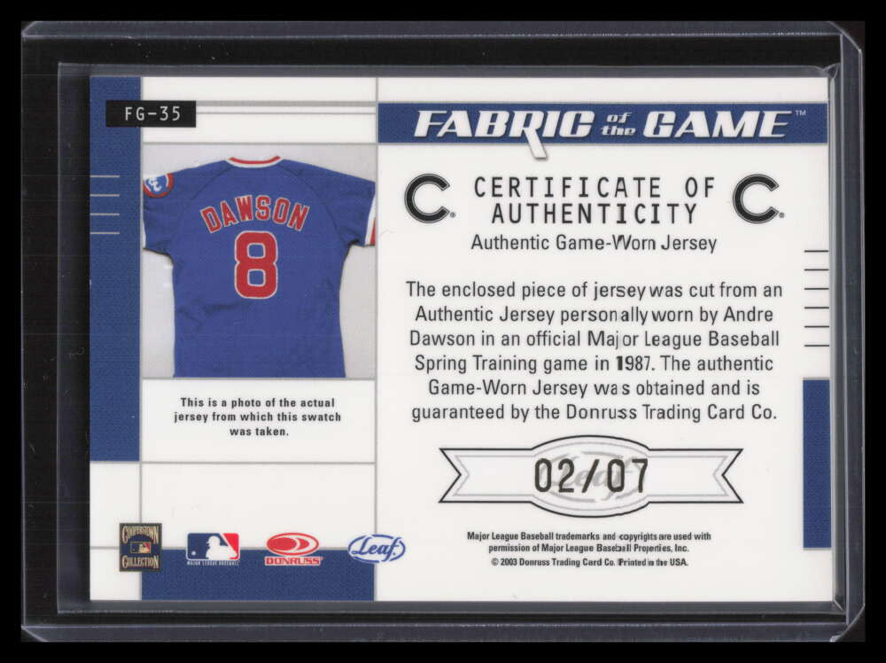 2003 Leaf Certified Fabric of the Game Autographs Andre Dawson Jersey Auto 2/5 ID: 148647