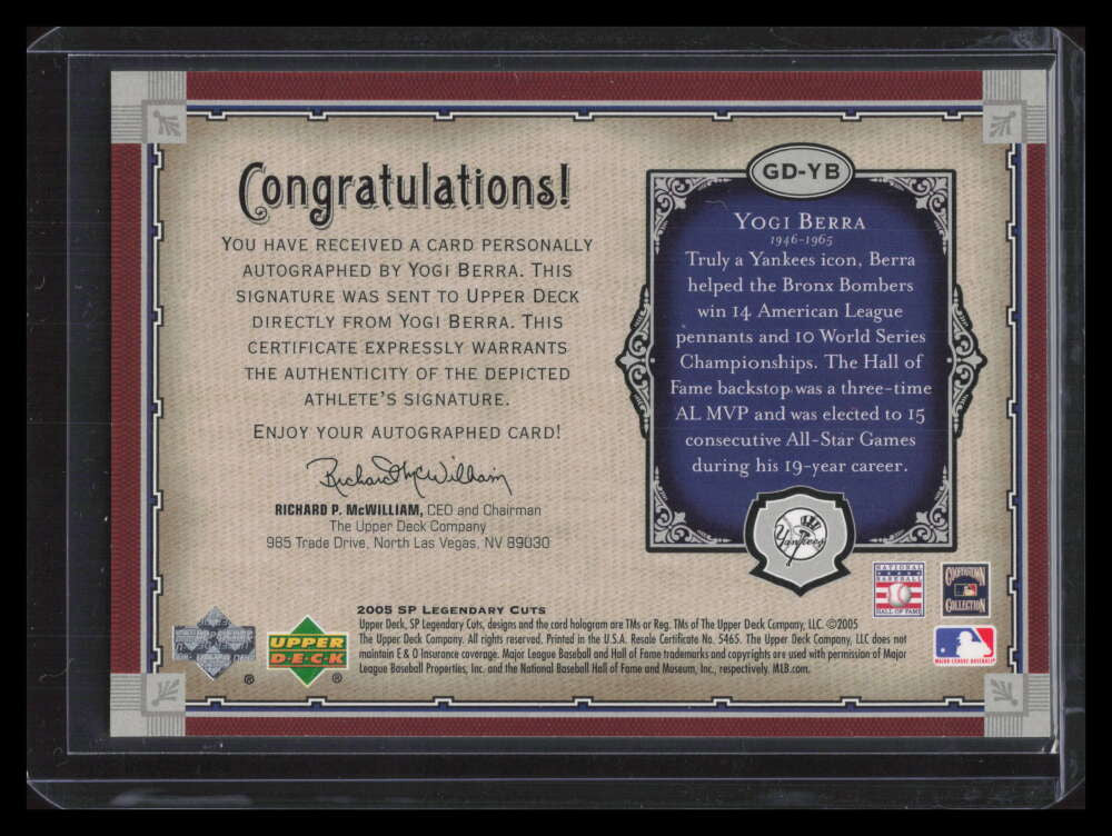 2005 SP Legendary Cuts Glory Days Autograph YB Yogi Berra Auto 23/25