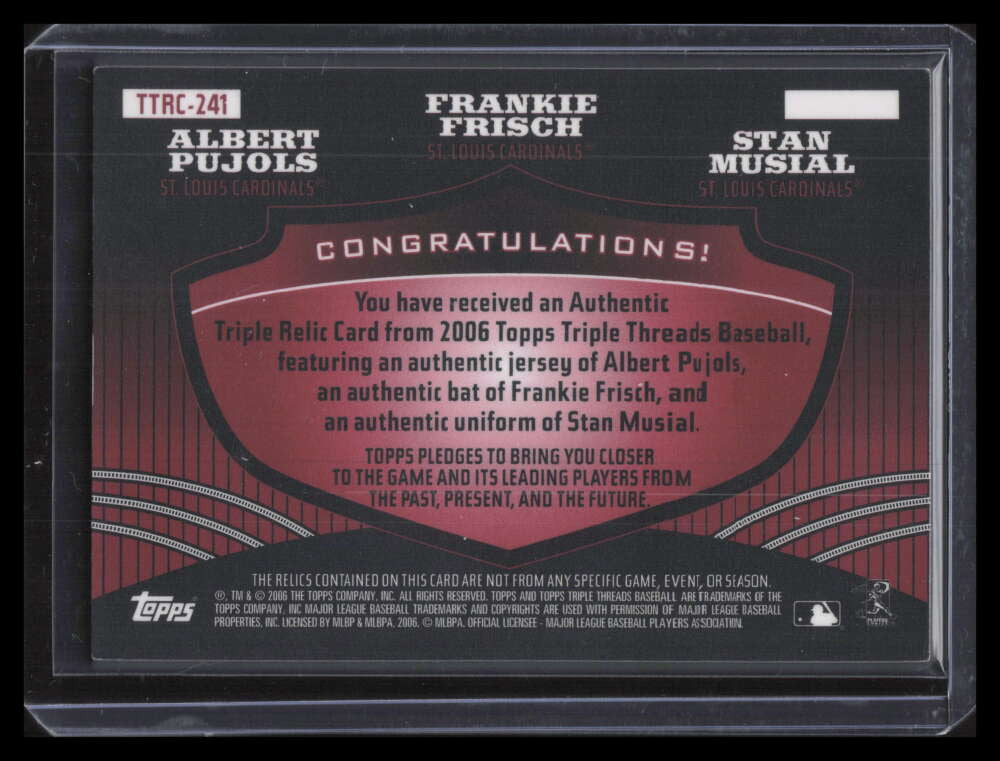 2006 Topps Triple Threads Relic Combos 241 Frisch Pujols Musial Bat Jersey 9/18
