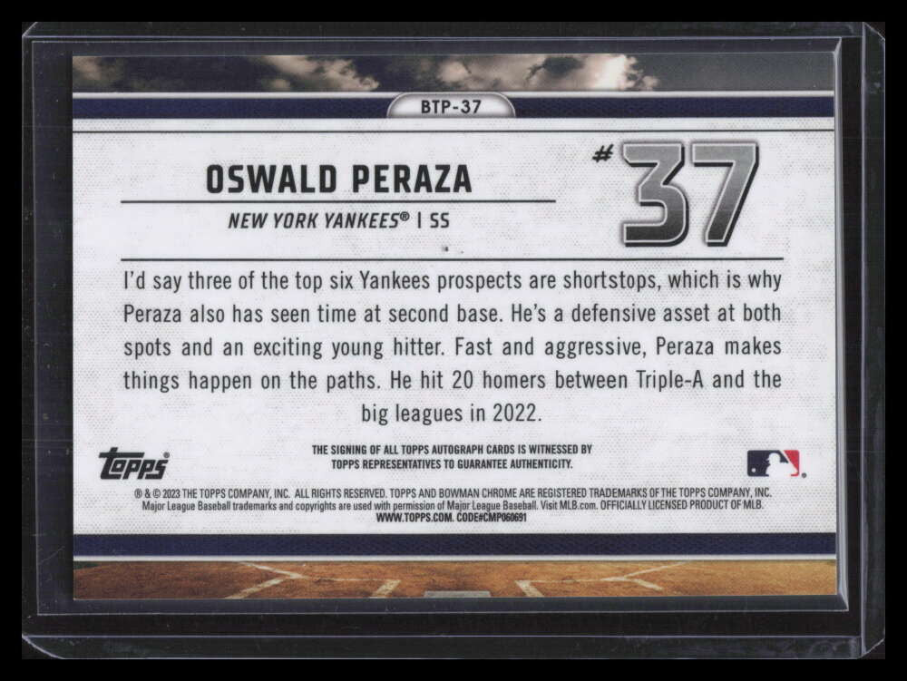 2023 Bowman Chrome Scouts Top 100 Autographs Oswald Peraza Rookie Auto 91/99