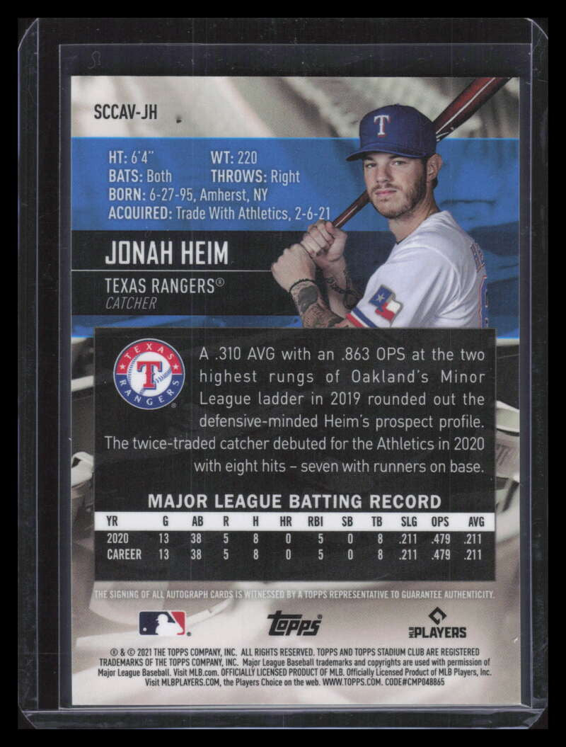 2021 Stadium Club Chrome Autographs SCCAVJH Jonah Heim Rookie Auto
