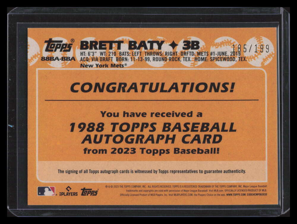 2023 Topps '88 Topps Autographs Black 88babba Brett Baty Rookie Auto 185/199