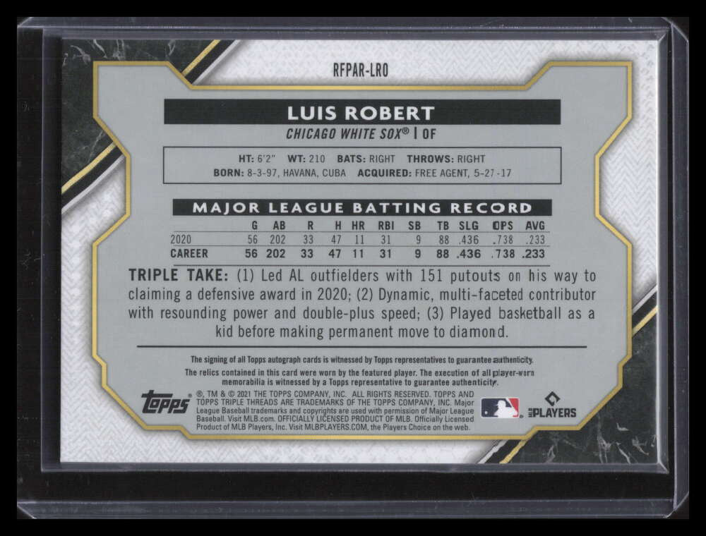 DELETE 148862 2021 Topps Triple Threads Amethyst RFPARLRO Luis Robert Rookie Jersey Auto 37/75