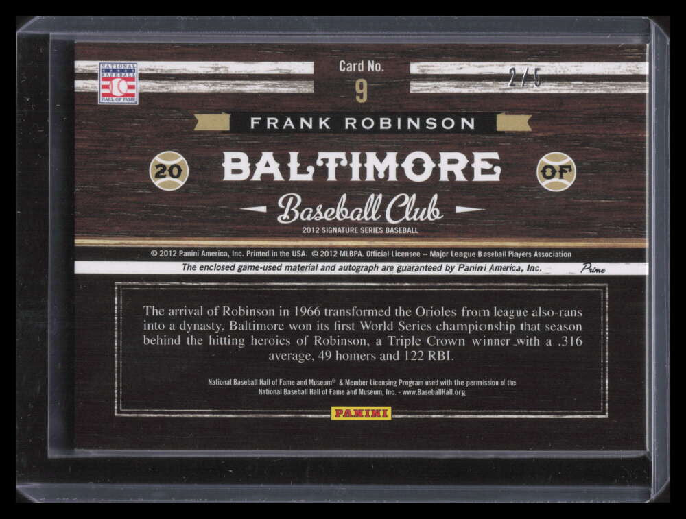 2012 Panini Signature Series Lumber Cut Prime Frank Robinson Bat Patch Auto 2/5