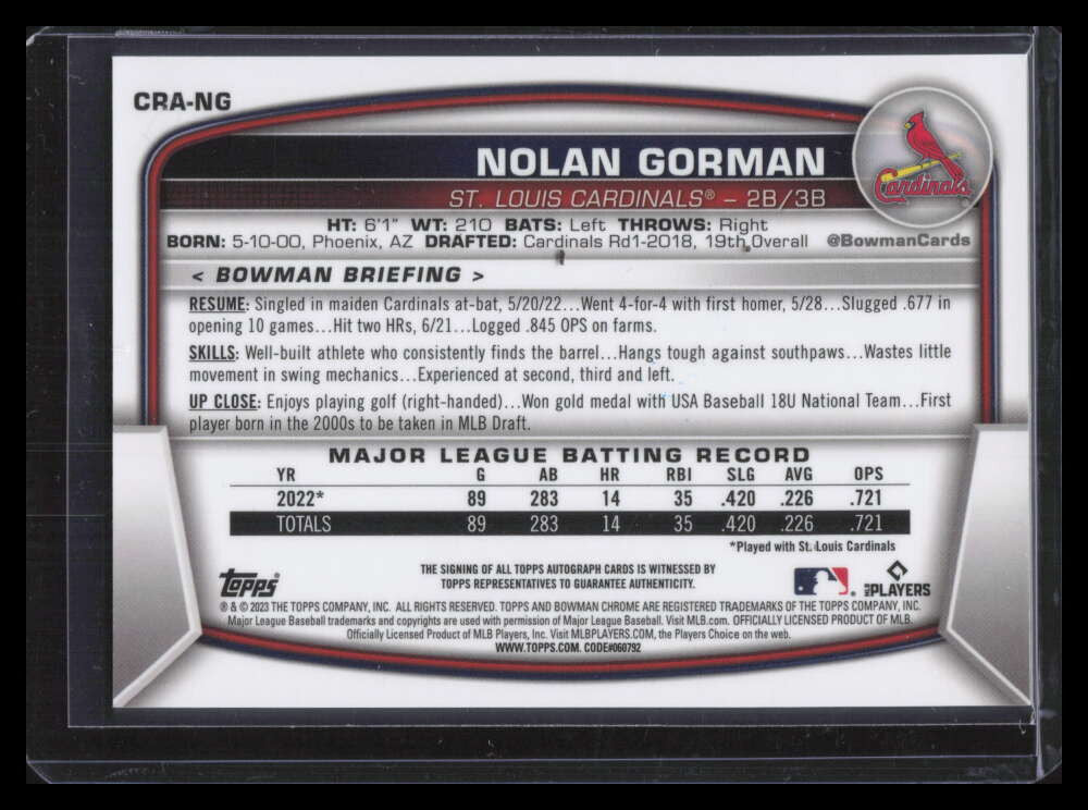 2023 Bowman Chrome Autographs Gold Refractor Nolan Gorman Rookie Auto 45/50