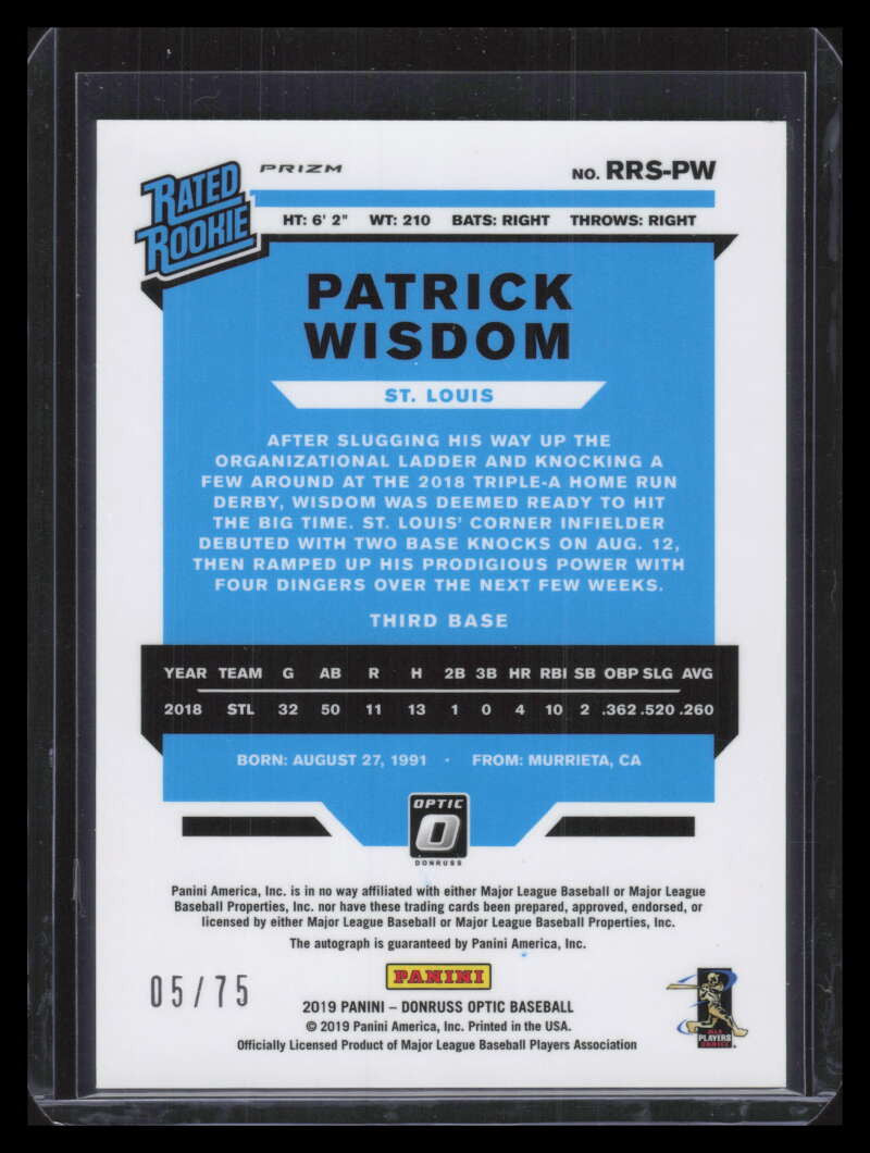 2019 Donruss Optic Rated Signatures Blue 35 Patrick Wisdom Rookie Auto 5/75