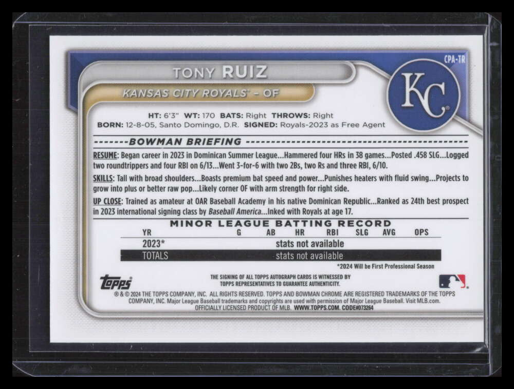 DELETE 148939 2024 Bowman Chrome Autographs Speckle Refractor Tony Ruiz Rookie Auto 295/299