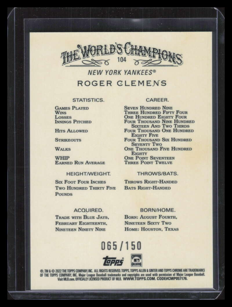 2022 Topps Allen and Ginter Chrome Blue Refractor 104 Roger Clemens 65/150