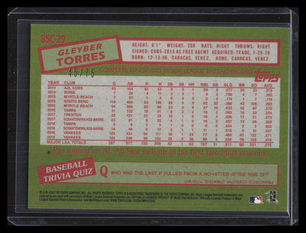 2020 Topps '85 Silver Pack Chrome Purple Refractor 85c29 Gleyber Torres 45/75
