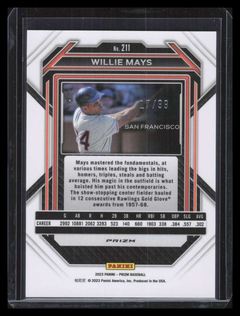 2023 Panini Prizm Prizms Purple Refractor 211 Willie Mays 17/99
