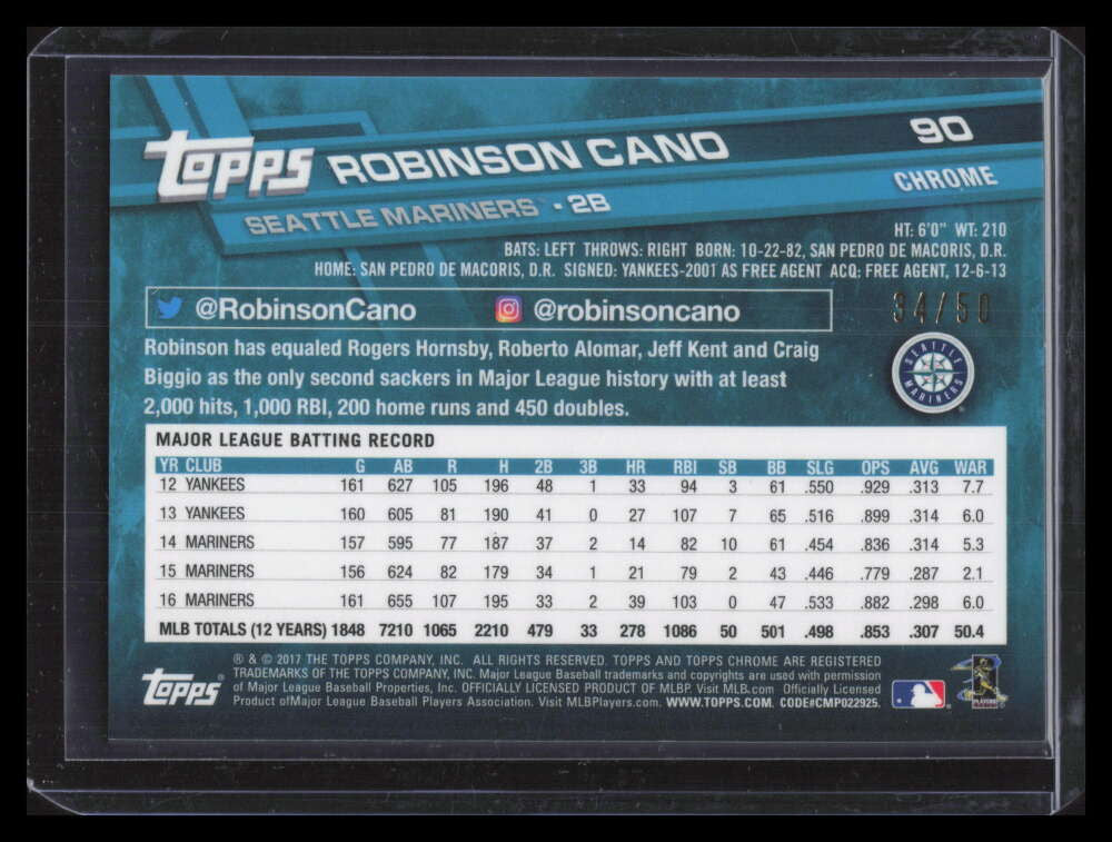 SOLD 148979 2017 Topps Chrome Gold Refractor 90 Robinson Cano 34/50