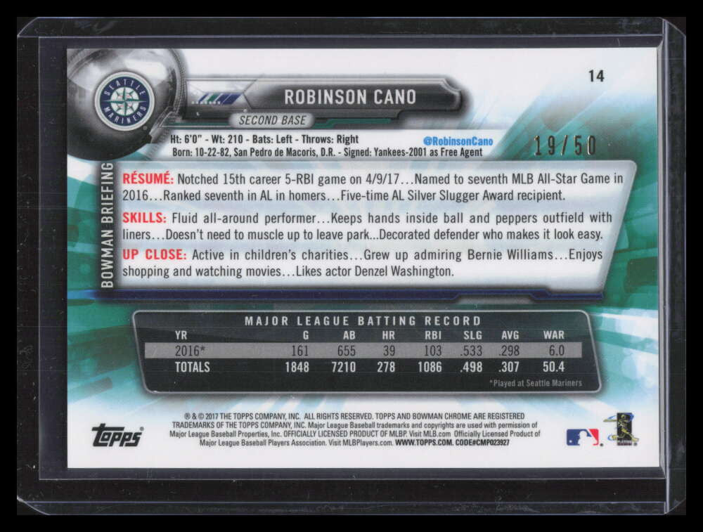 2017 Bowman Chrome Gold Refractor 14 Robinson Cano 19/50