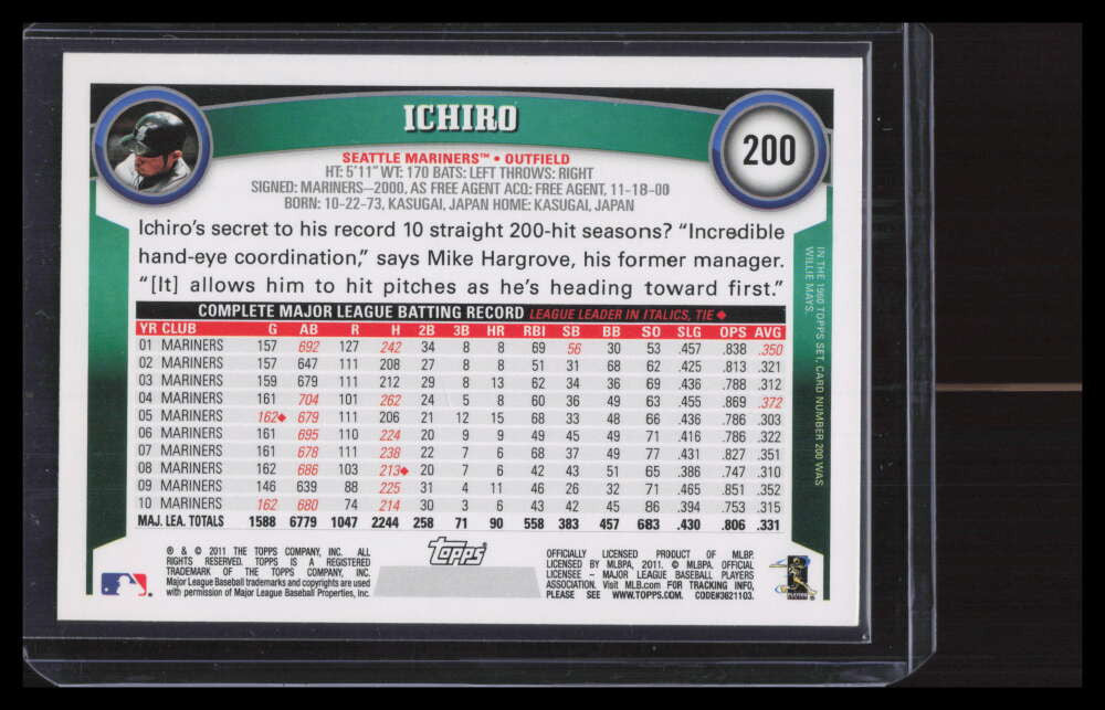 2011 Topps Wal-Mart Black Border 200 Ichiro Suzuki