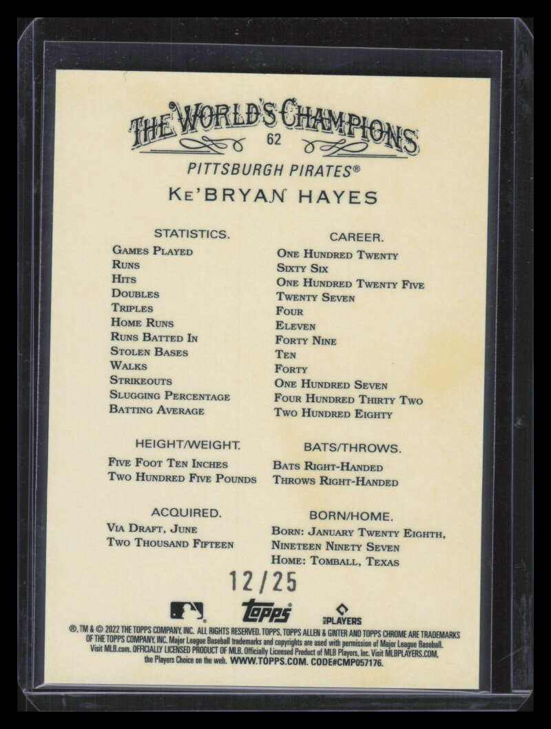 2022 Topps Allen and Ginter Chrome Orange Refractor 62 Ke'Bryan Hayes 12/25