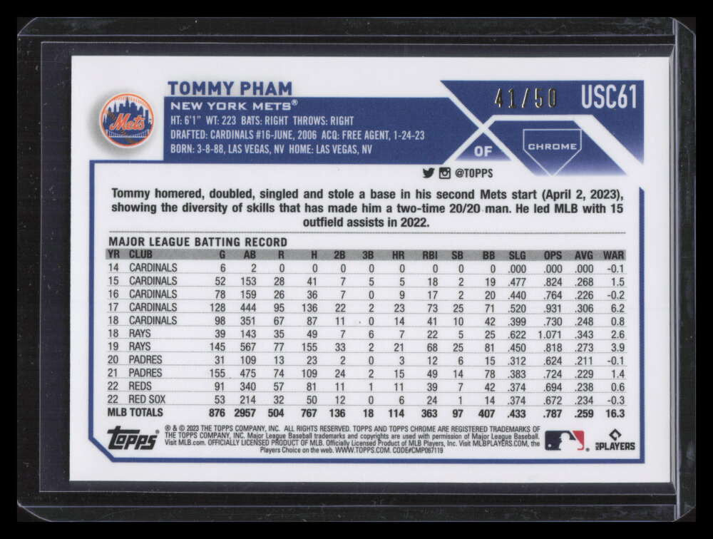 2023 Topps Chrome Update Gold Refractor usc61 Tommy Pham 41/50