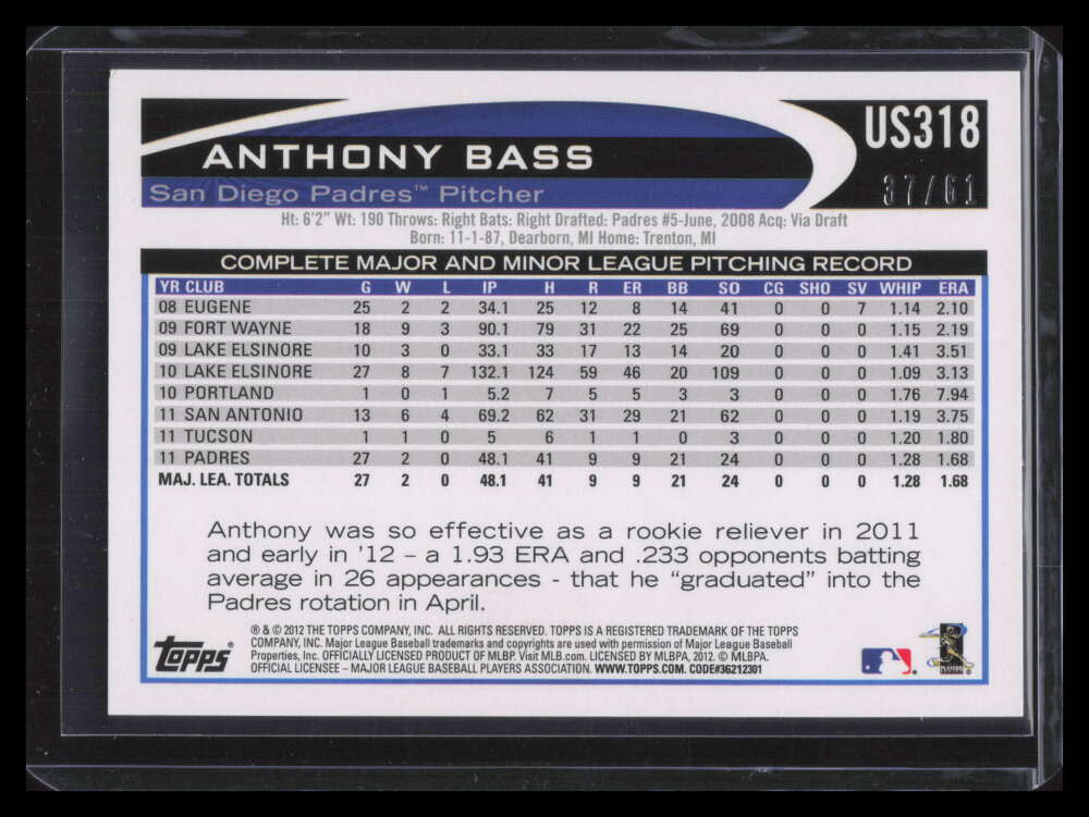2012 Topps Update Black us318 Anthony Bass 37/61