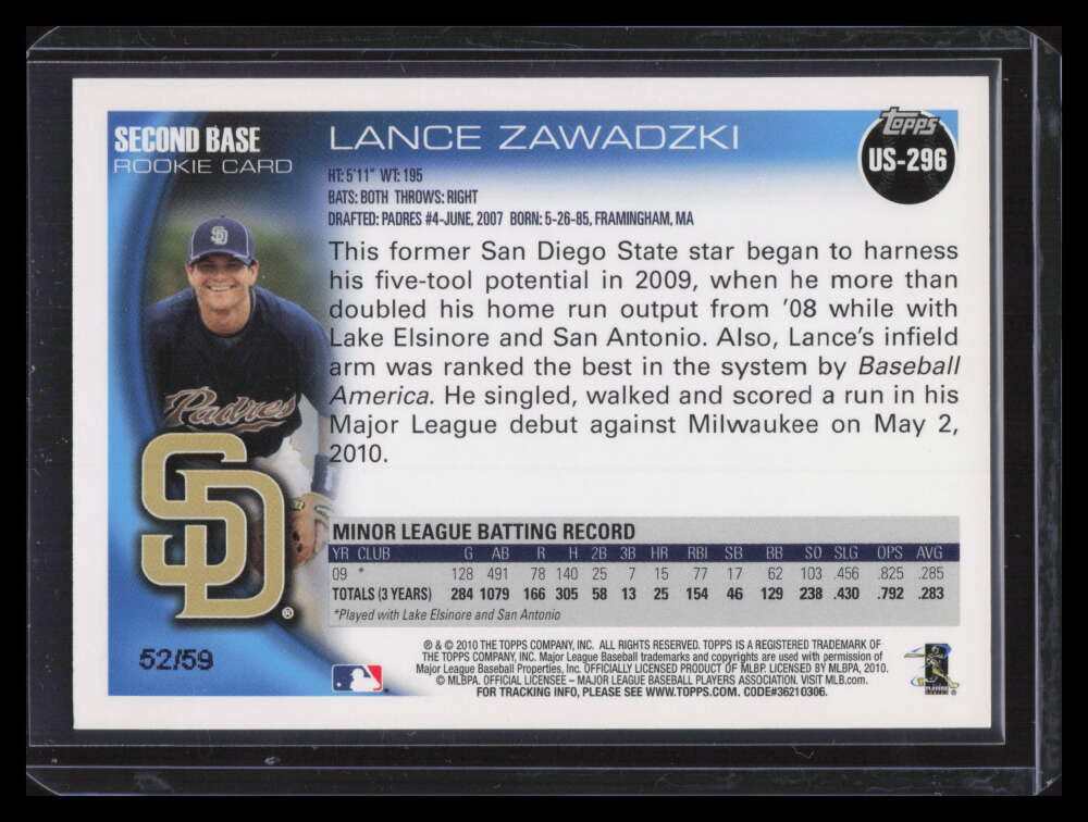2010 Topps Update Black us296 Lance Zawadzki Rookie 52/59
