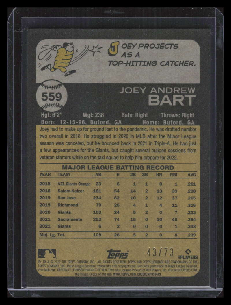 2022 Topps Heritage Chrome Black Refractor 559 Joey Bart 43/73