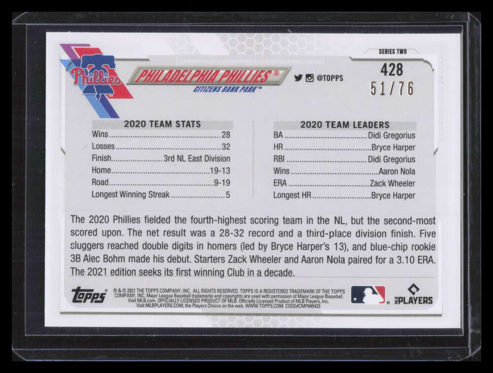 2021 Topps Independence Day 428 Philadelphia Phillies TC 51/76 Team Card