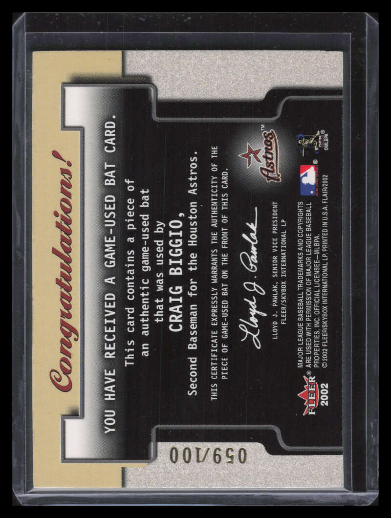 SOLD 149082 2002 Flair Power Tools Bats Gold 3 Craig Biggio Bat 59/100