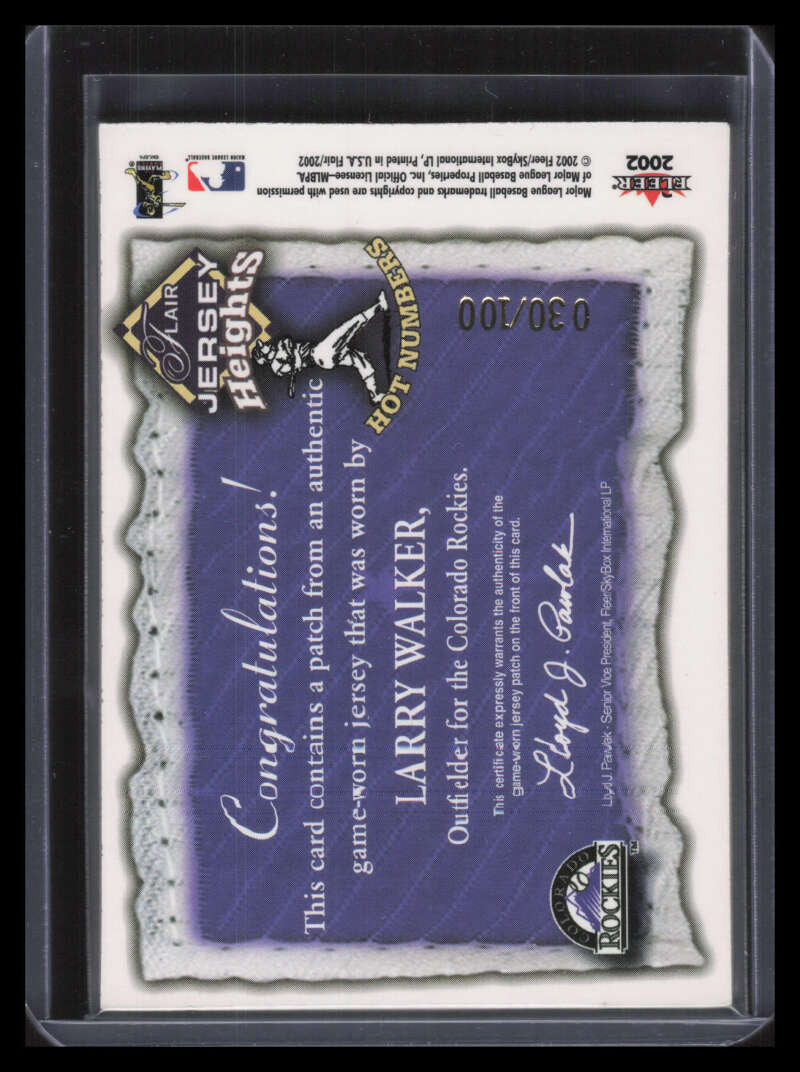 2002 Flair Jersey Heights Hot Numbers Patch 24 Larry Walker Patch 30/100
