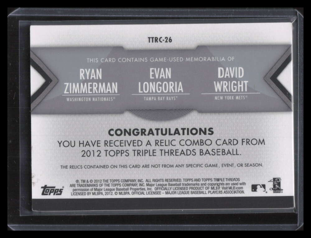 2012 Topps Triple Threads Combos rc26 Zimmerman Longoria Wright Jersey 24/36