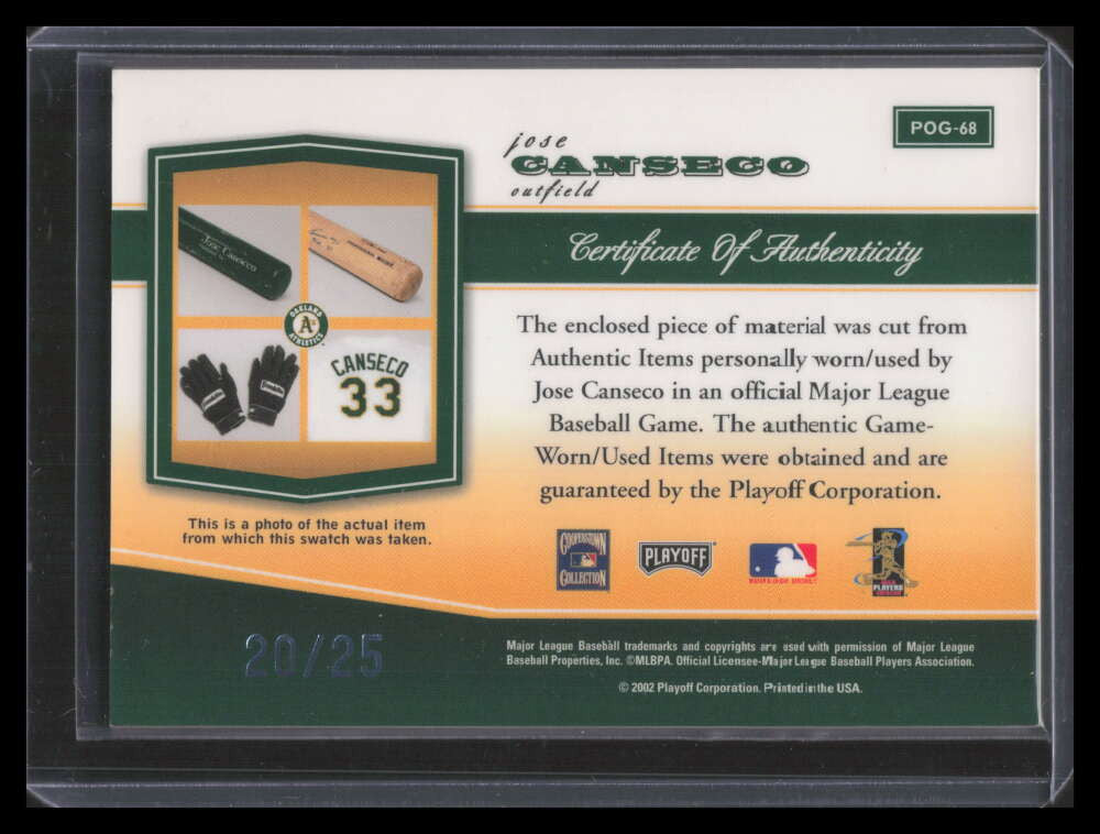 2002 Playoff Piece of the Game Materials Platinum 68 Jose Canseco Bat 20/25