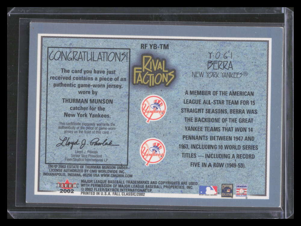 2002 Fleer Fall Classics Rival Factions Yogi Berra Thurman Munson GU Jersey /50