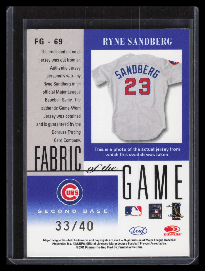2001 Leaf Certified Fabric of the Game Season 69sn Ryne Sandberg Jersey 33/40