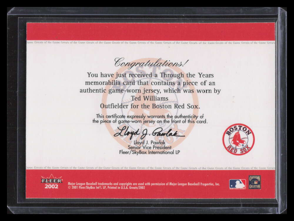 2002 Greats of the Game Through the Years Level 1 28 Ted Williams Jersey SP /350 ID: 149102