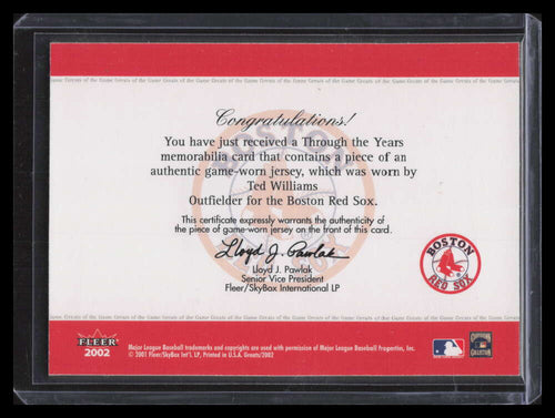 2002 Greats of the Game Through the Years Level 1 28 Ted Williams Jersey SP /350 ID: 149102