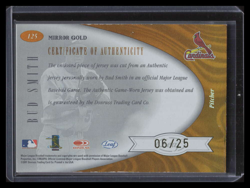 2001 Leaf Certified Materials Mirror Gold 125 Bud Smith FF Rookie Patch 6/25