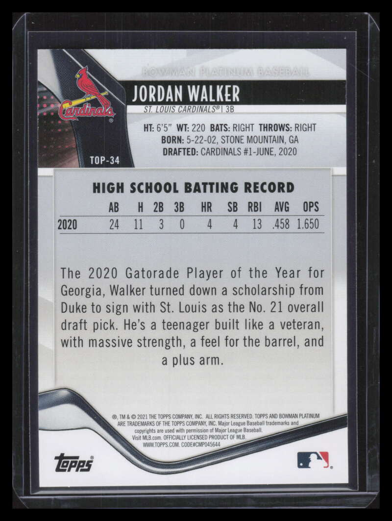 SOLD 149114 2021 Bowman Platinum Prospects Green Icy Foil top34 Jordan Walker Rookie 58/99