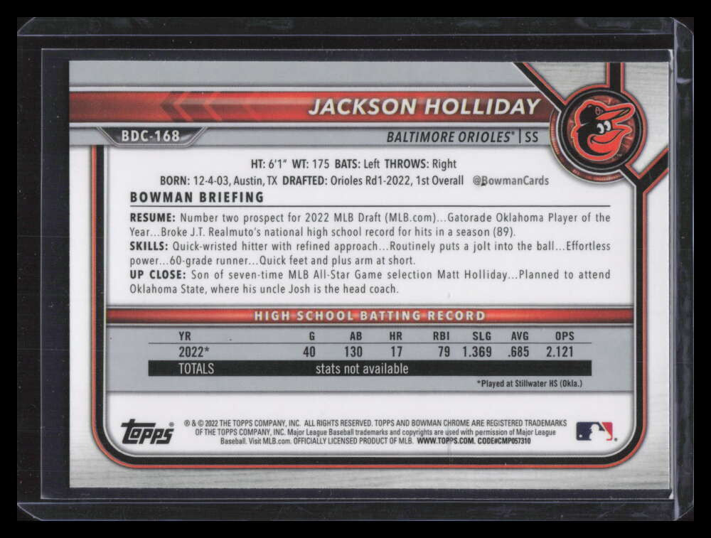2022 Bowman Chrome Draft bdc168 Jackson Holliday Rookie 138661