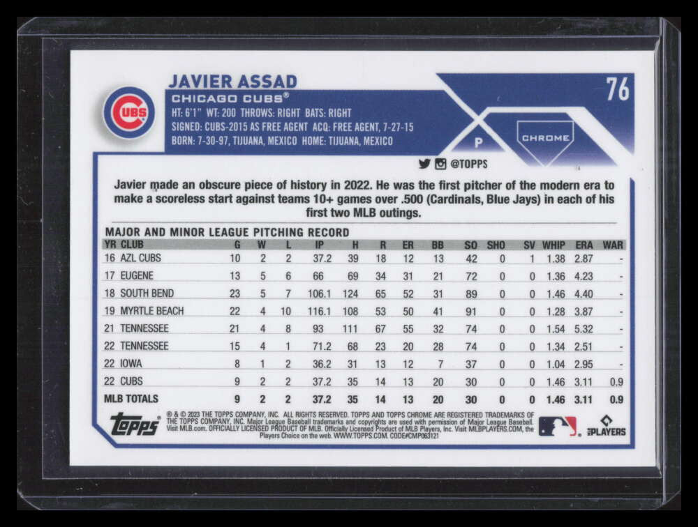 2023 Topps Chrome Blue Sonar Refractor 76 Javier Assad Rookie 63/125