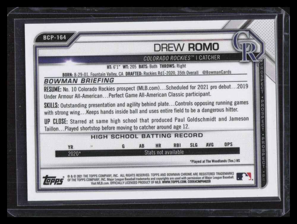 2021 Bowman Chrome Mega Box Prospects Orange Refractor Drew Romo Rookie 21/25