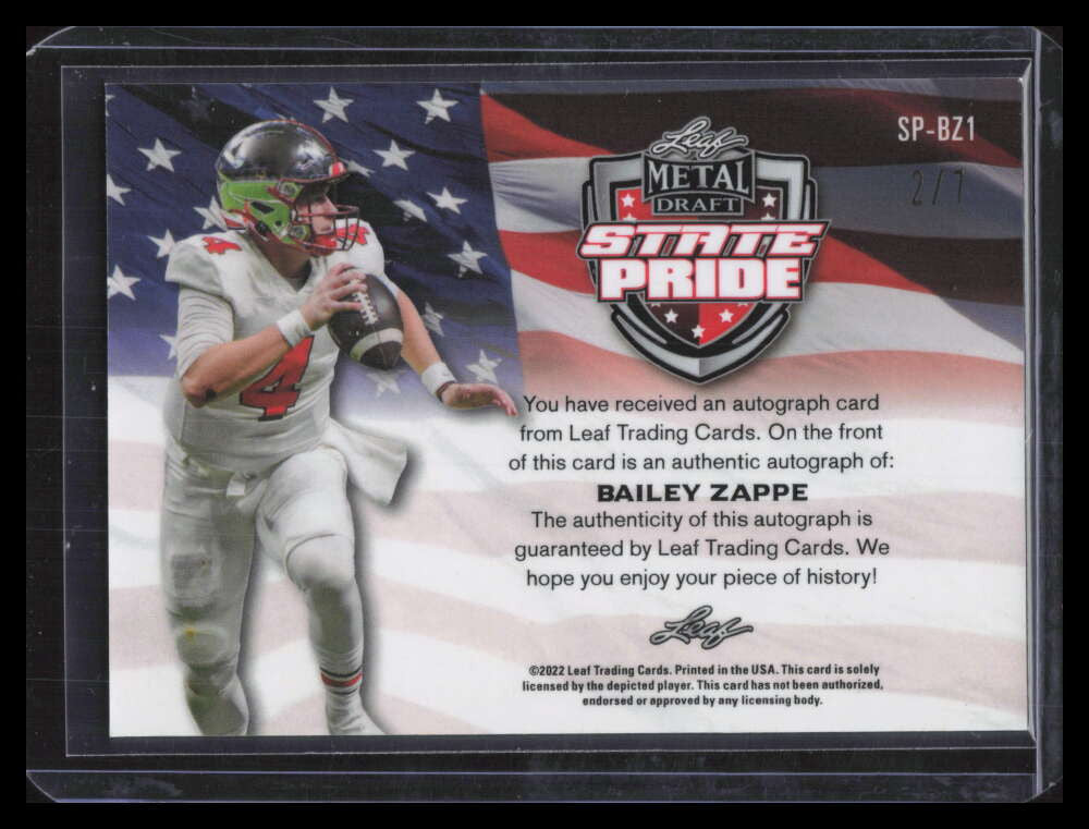 DELETE 149354 2022 Leaf Metal Draft State Pride Wave Green spbz1 Bailey Zappe Rookie Auto 2/7