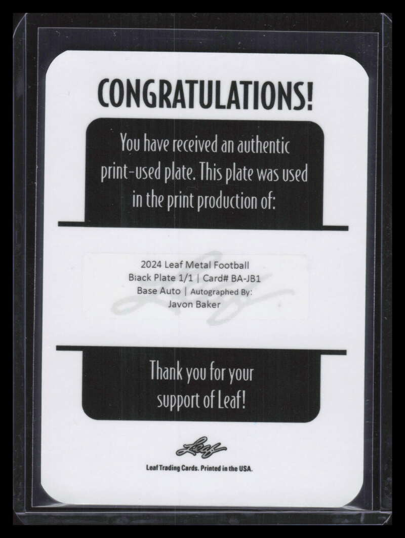 2024 Leaf Metal Draft Printing Plate Black bajb1 Javon Baker Rookie Auto 1/1